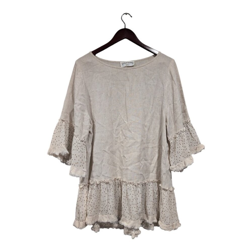 Whatnot Boutique Women Linen Blend Beige Tunic Blouse Polka Dots Short Sleeve M